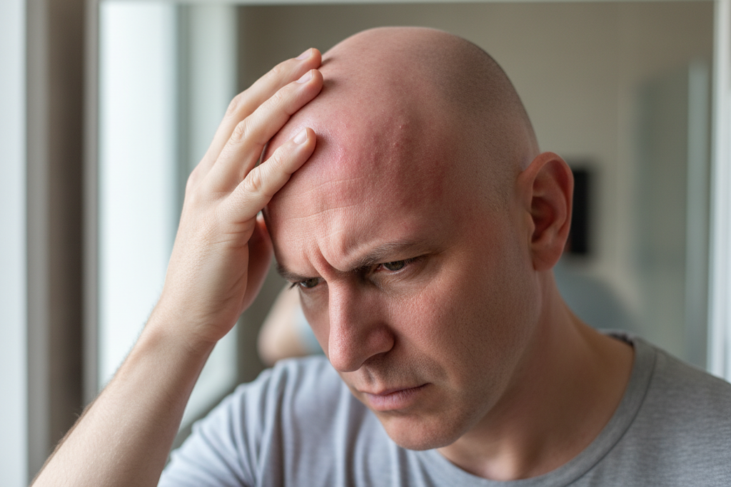 a guy with an irritated scalp after shaving feeling discomfort